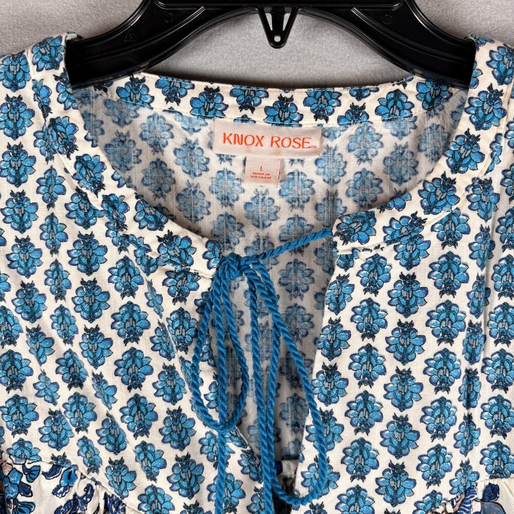Knox Rose Women's Lg Blue Cream Floral Block Print Puff Sleeve Dress (pockets) - Picture 3 of 6